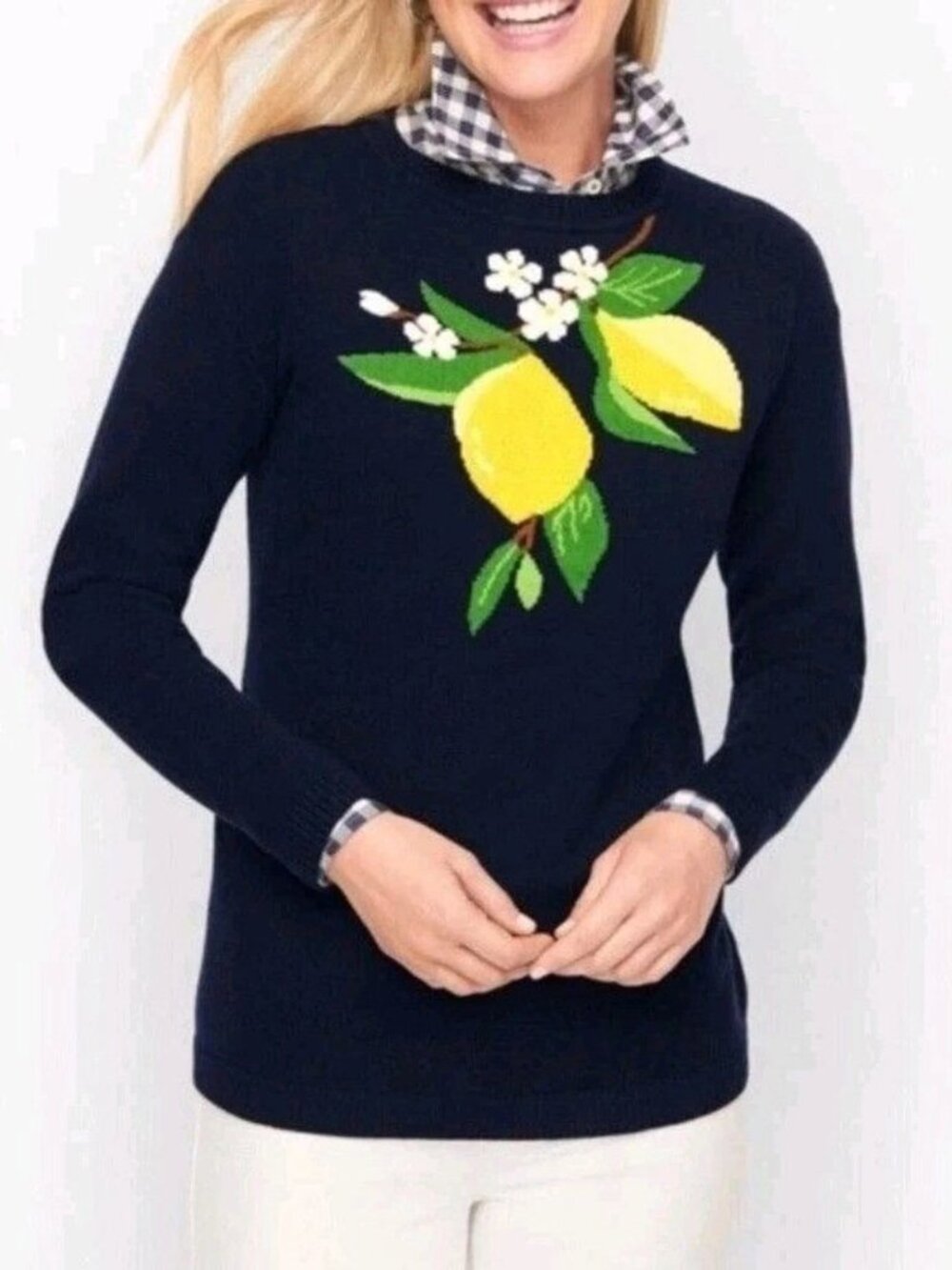 Talbots Fresh Lemons Intarsia Sweater Navy Blue Pullover Plus Sz 2X Preppy